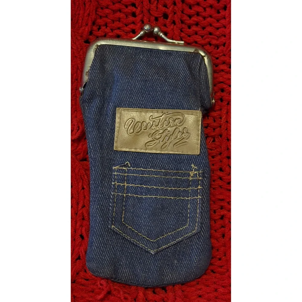 Western Style Blue Denim Kiss Lock Pouch Glasses Case Vintage Americana Pocket